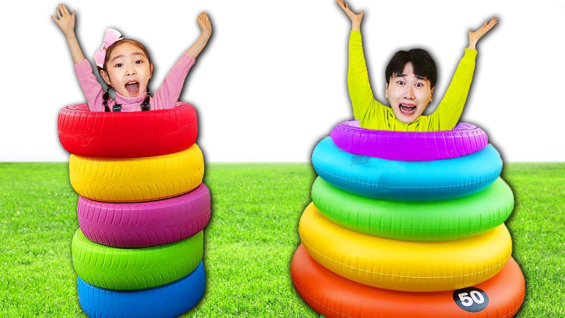 钻进彩色轮胎里会发生什么有趣的事呢？彩色轮胎版颜色英语儿歌！